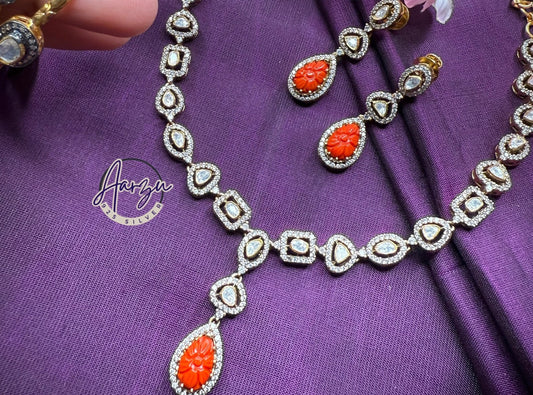 92.5 Silver Moissanite and coral necklace set