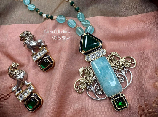 92.5 Silver Amazonite and green doublet  fusion pendant and earrings