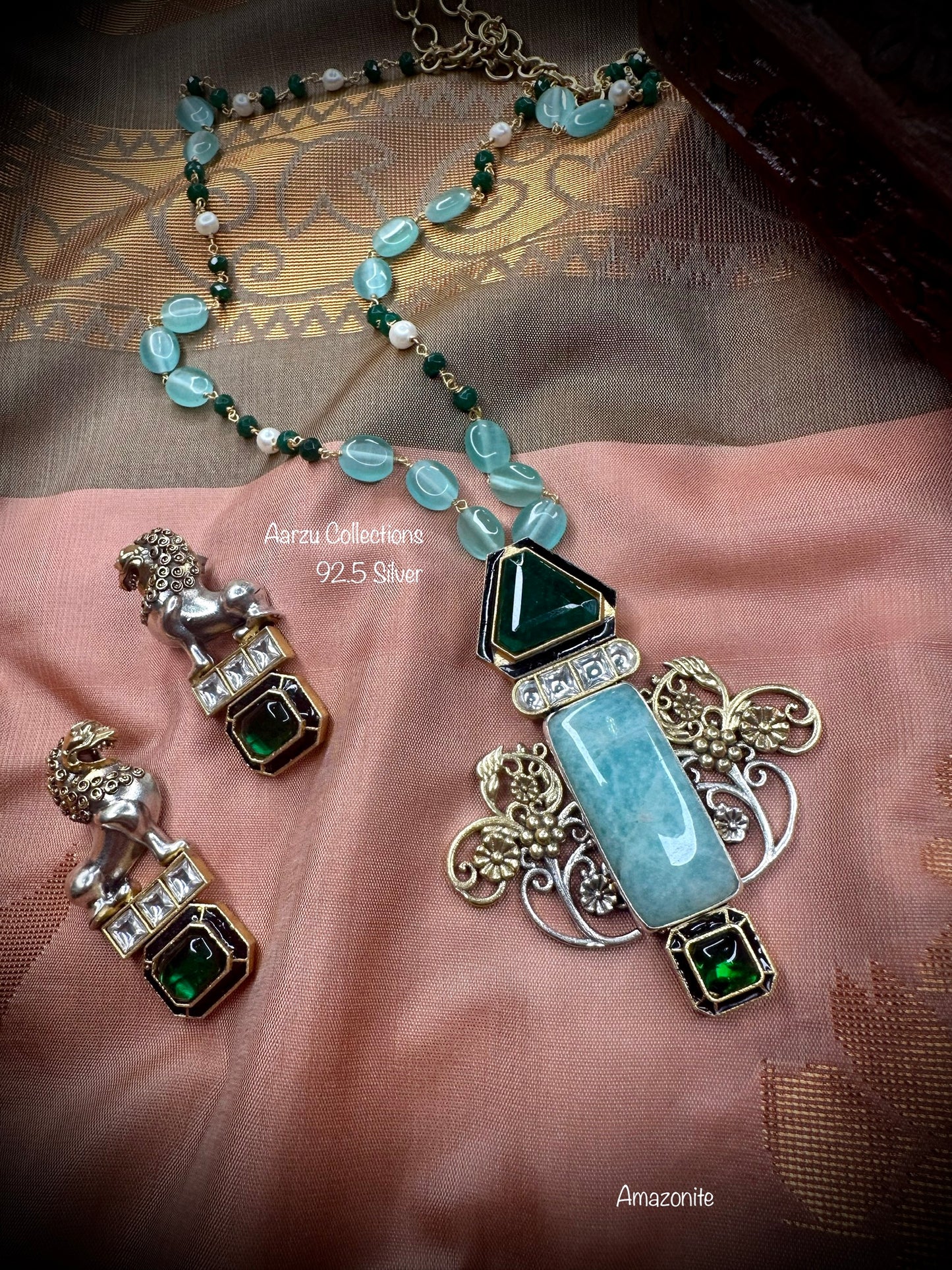 92.5 Silver Amazonite and green doublet  fusion pendant and earrings