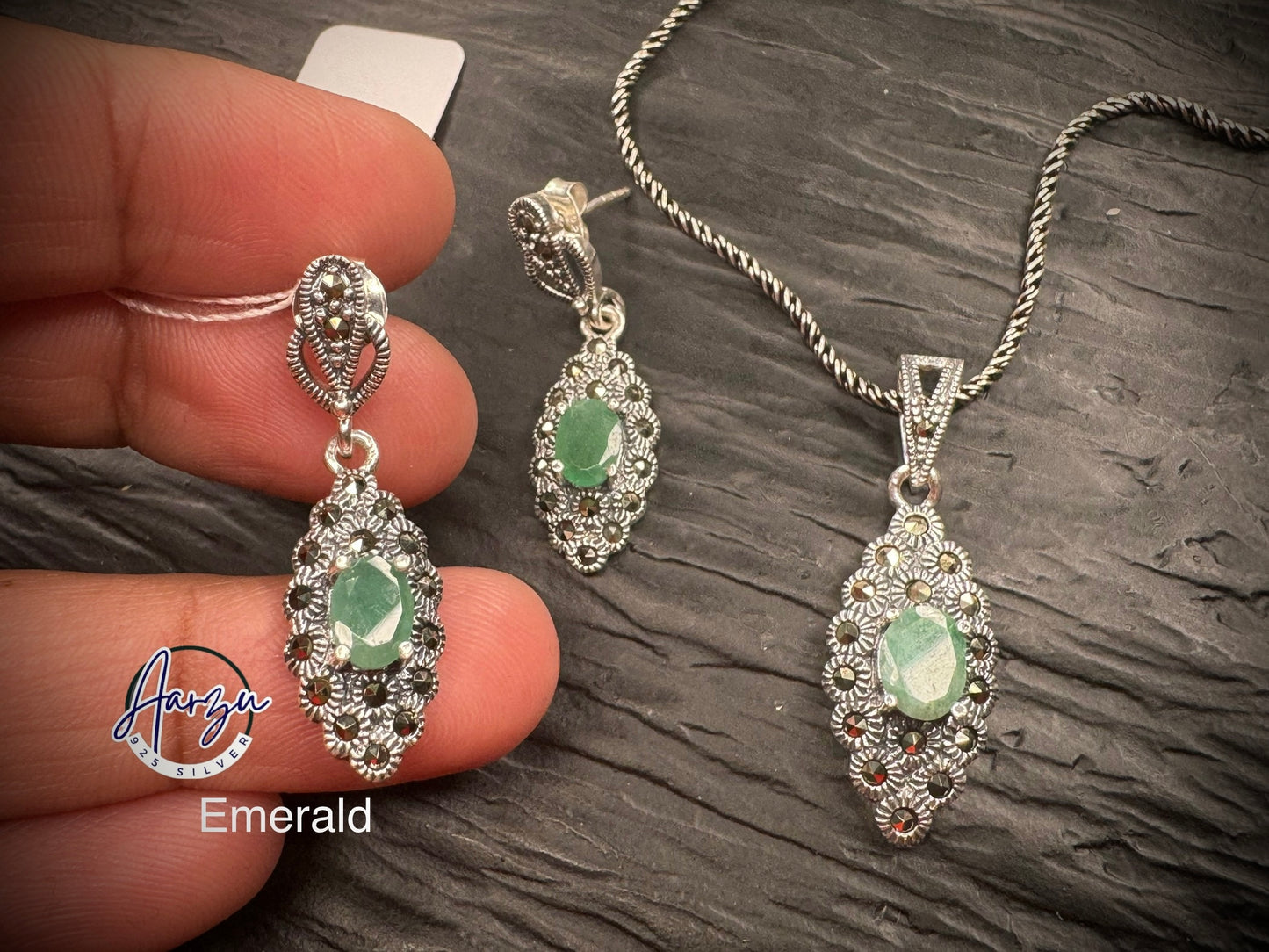 92.5 Silver Marcasite pendant set - Emerald