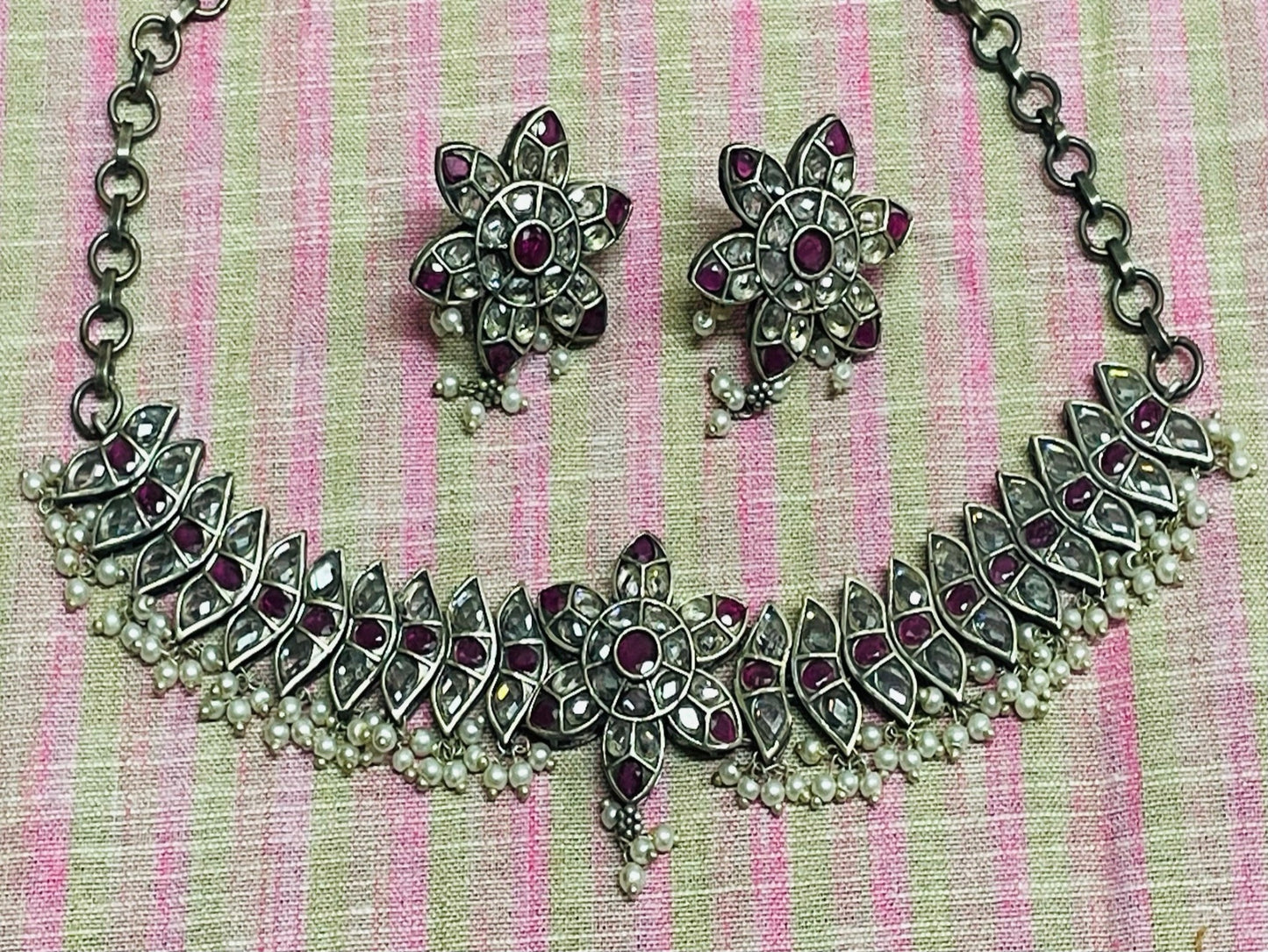 German Silver Necklace Set - Ruby and Clear