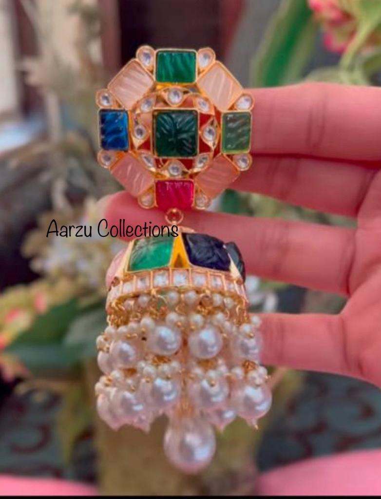 Silver foil Kundan and Carved Stone Statement Jhumka