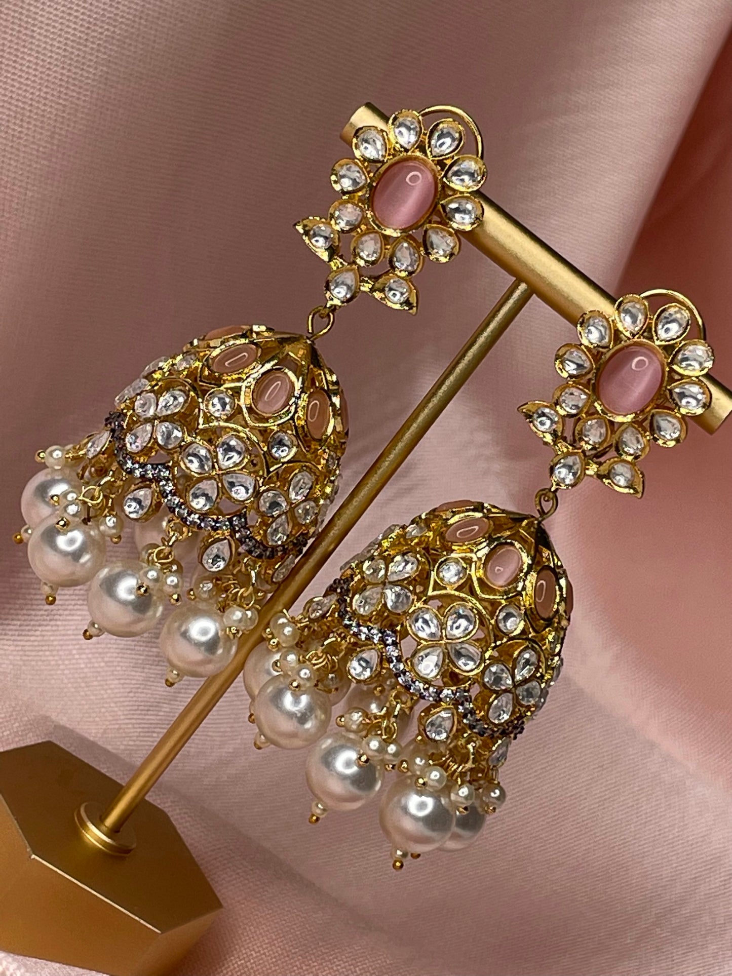 Kundan, Pearl and American Diamond Statement Jhumkas