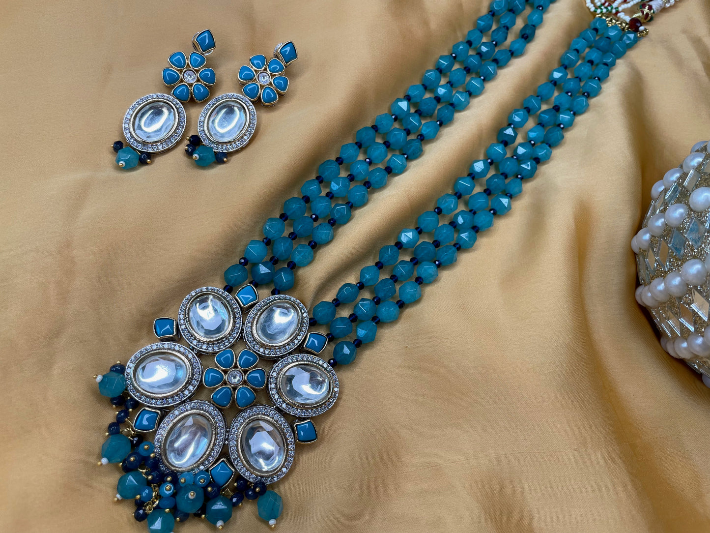Marudhara Polki Kundan and AD Honeycomb Glass Beads Necklace with Earrings