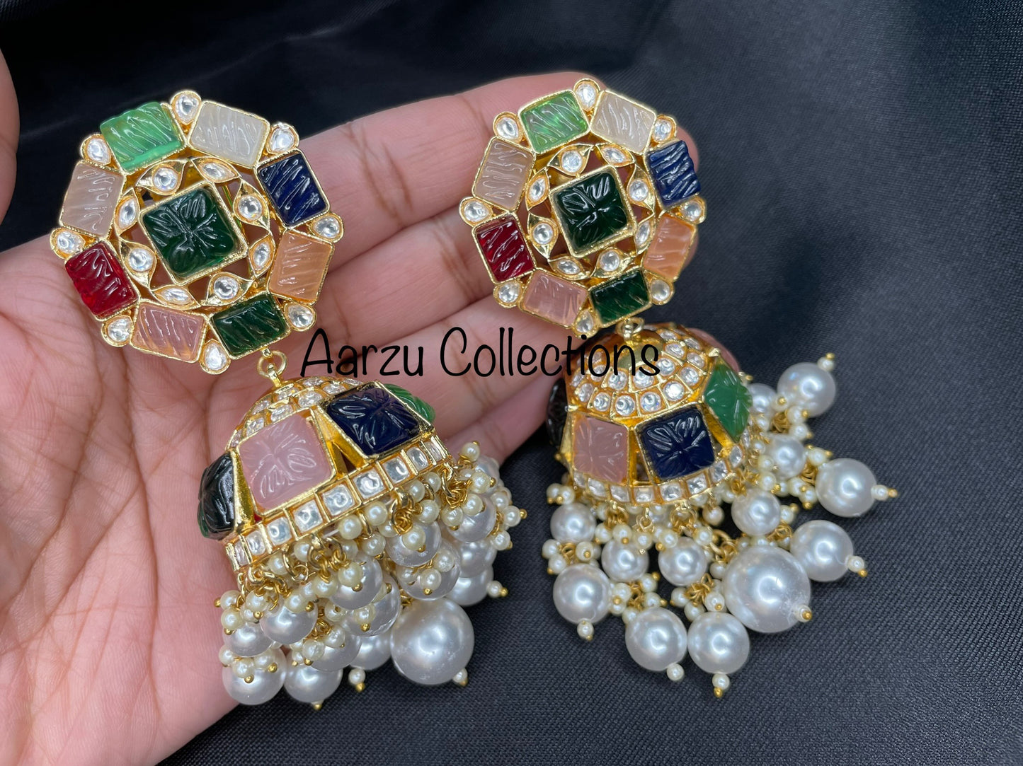 Silver foil Kundan and Carved Stone Statement Jhumka