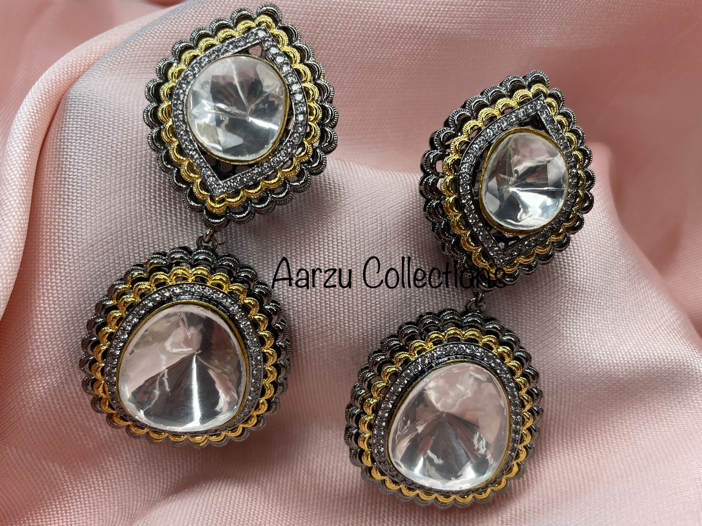 Uncut Kundan Dual Tone Statement Earrings with Victorian Finish