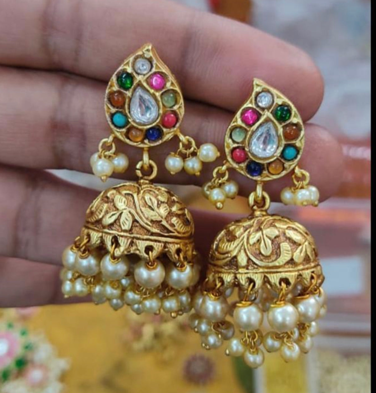 Kundan Jadau Mango Jhumkas - Navrathan/Multi