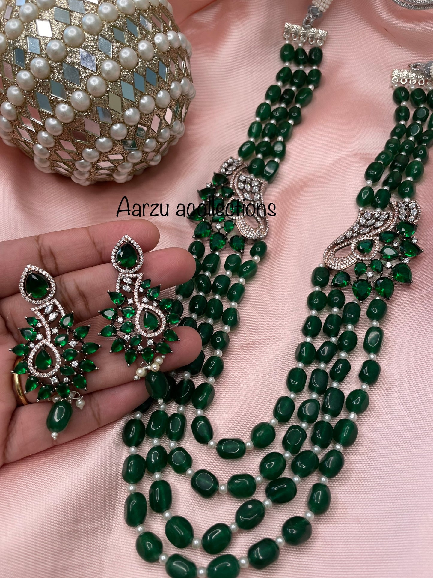 American Diamonds and Emerald glass beads Necklace and Earring Set