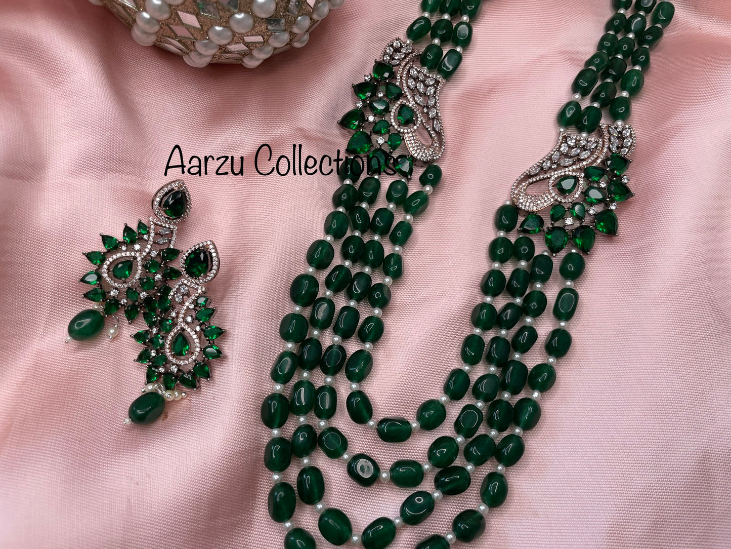 American Diamonds and Emerald glass beads Necklace and Earring Set