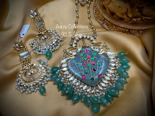 92.5 Silver precious jade inlay pendant with matarmala and earrings  -192 gm