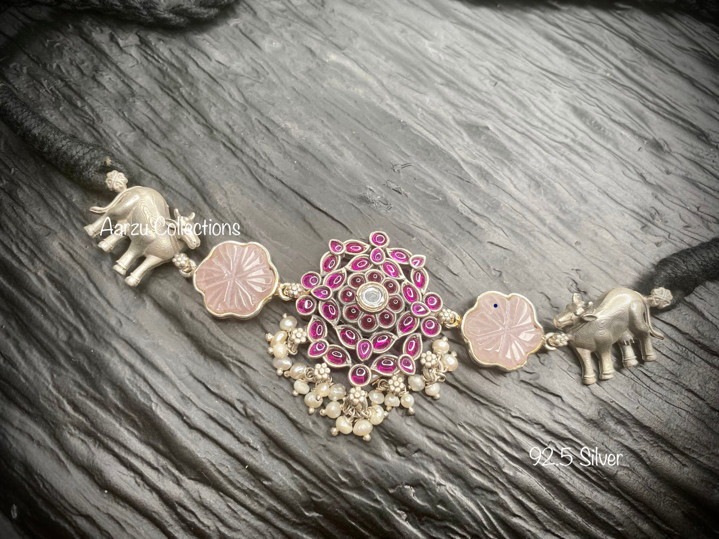 92.5 Silver Choker with rose quartz carved stone