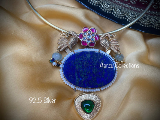 92.5 Silver Fusion collection hasli with Lapis Lazuli pendant - 67 gms