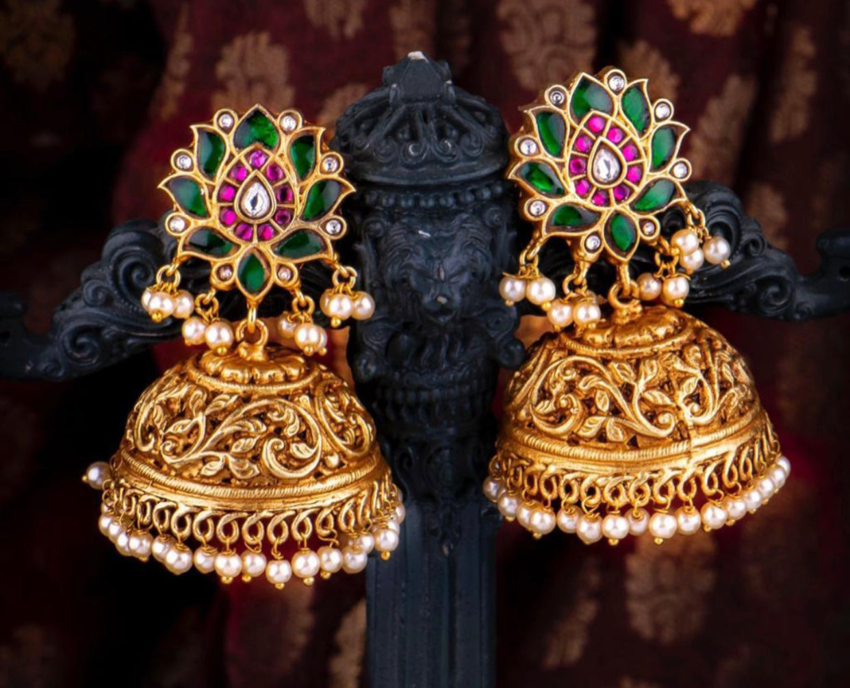 Kundan Jadau lotus Jhumkas - Green and Ruby