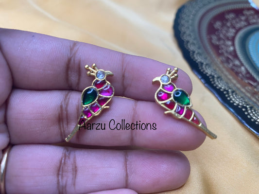 Kundan Jadau Bird Studs - Green and pink