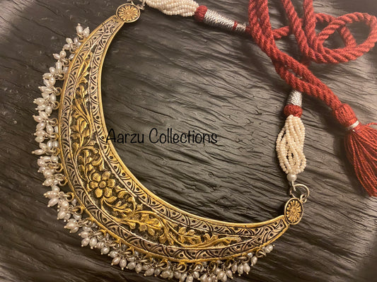 92.5 Silver Dual tone Chitai Moon necklace - 59 gms