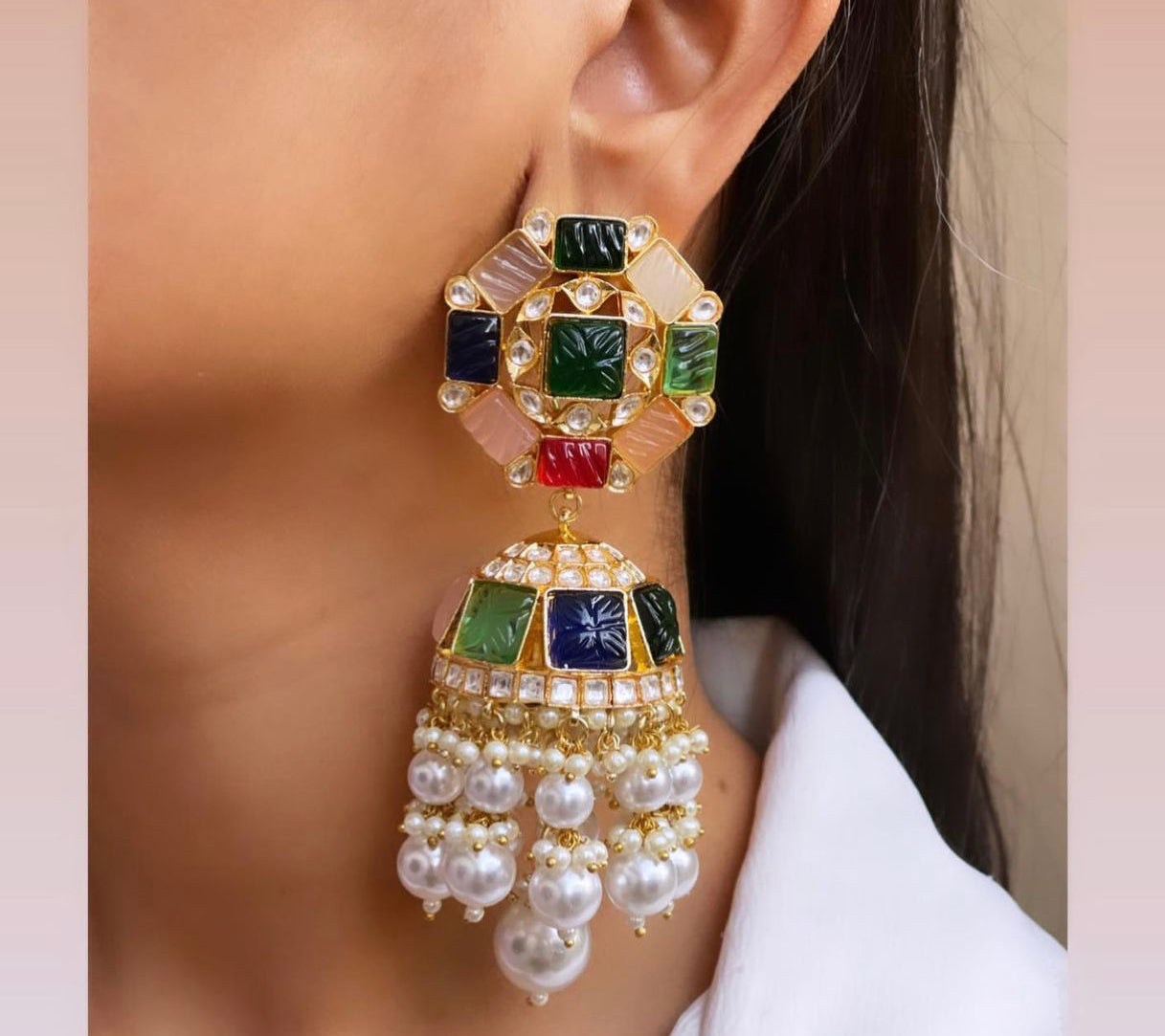 Silver foil Kundan and Carved Stone Statement Jhumka