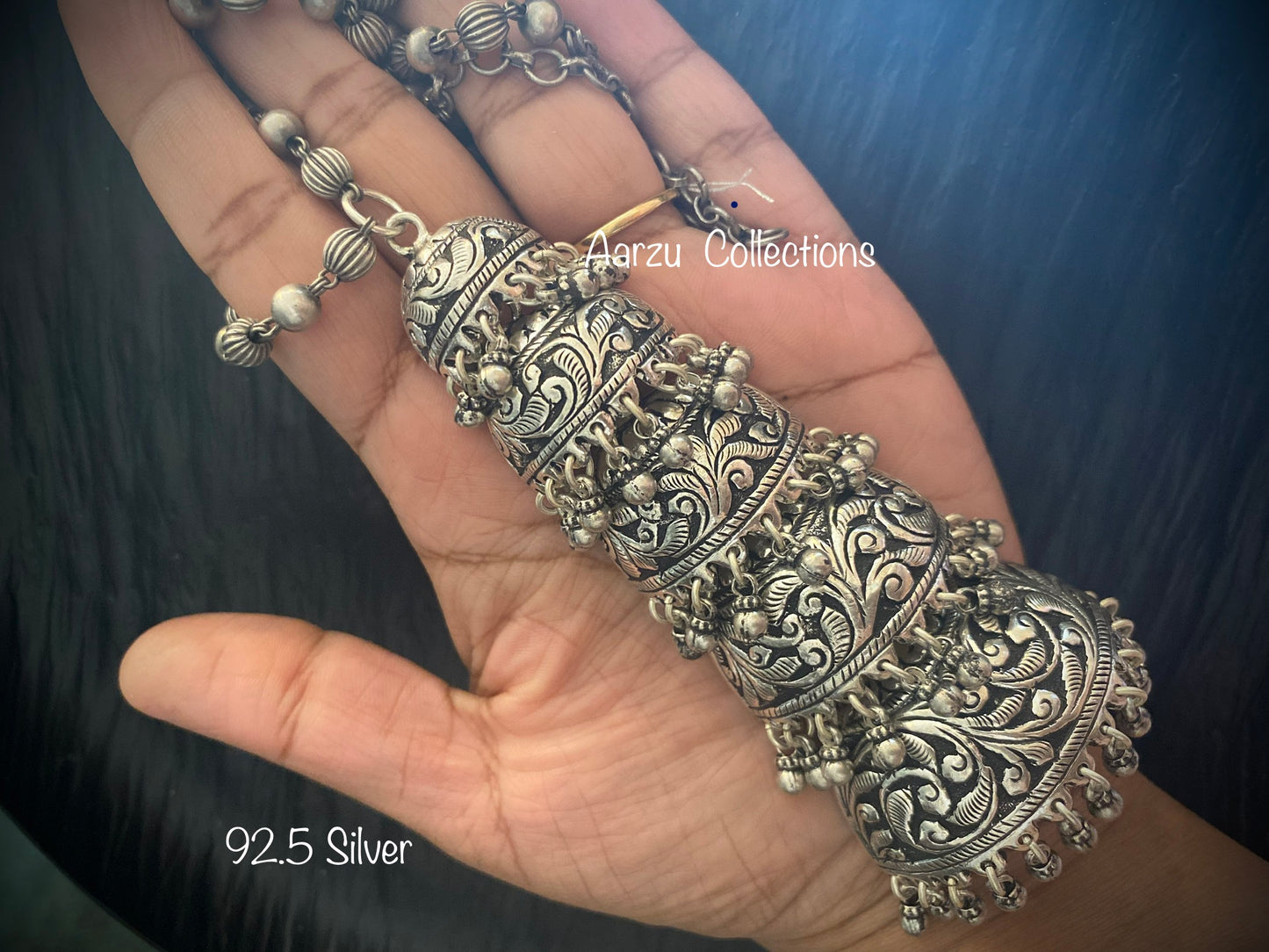 92.5 Silver matar mala with layers of half jhumka pendants