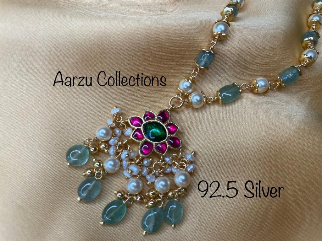 92.5 Silver base Kundan Jadau pearl and green bead necklace with pendant