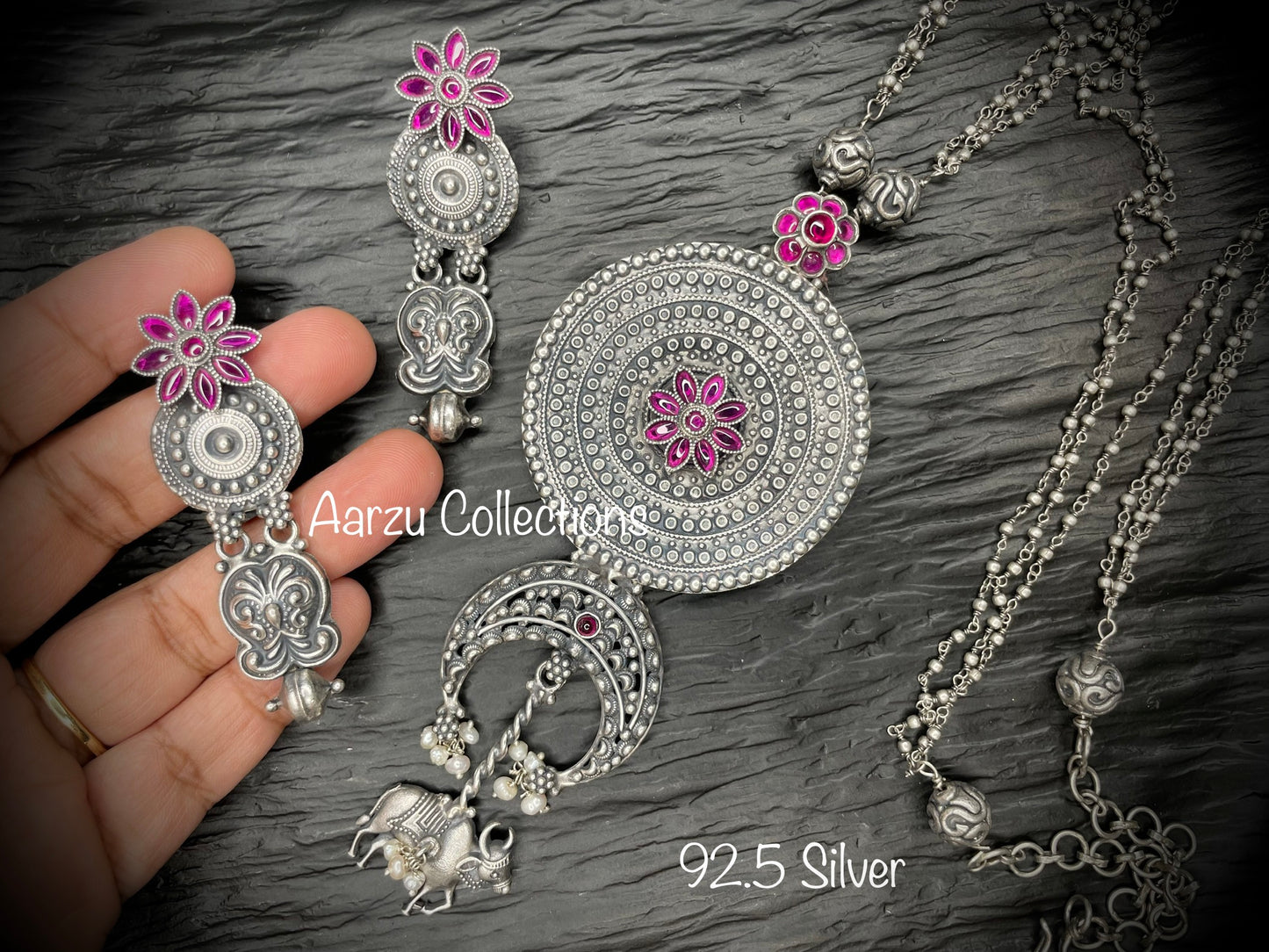 92.5 Silver pendant with matar mala and earrings