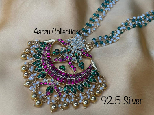 92.5 Silver Kundan Jadau pendant with pearl chain - 86 gms