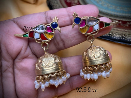 92.5 Silver base Kundan Jadau navratan bird Earrings