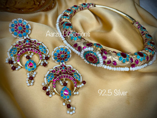 92.5 Silver Tanjore work precious kundan hasli with earrings