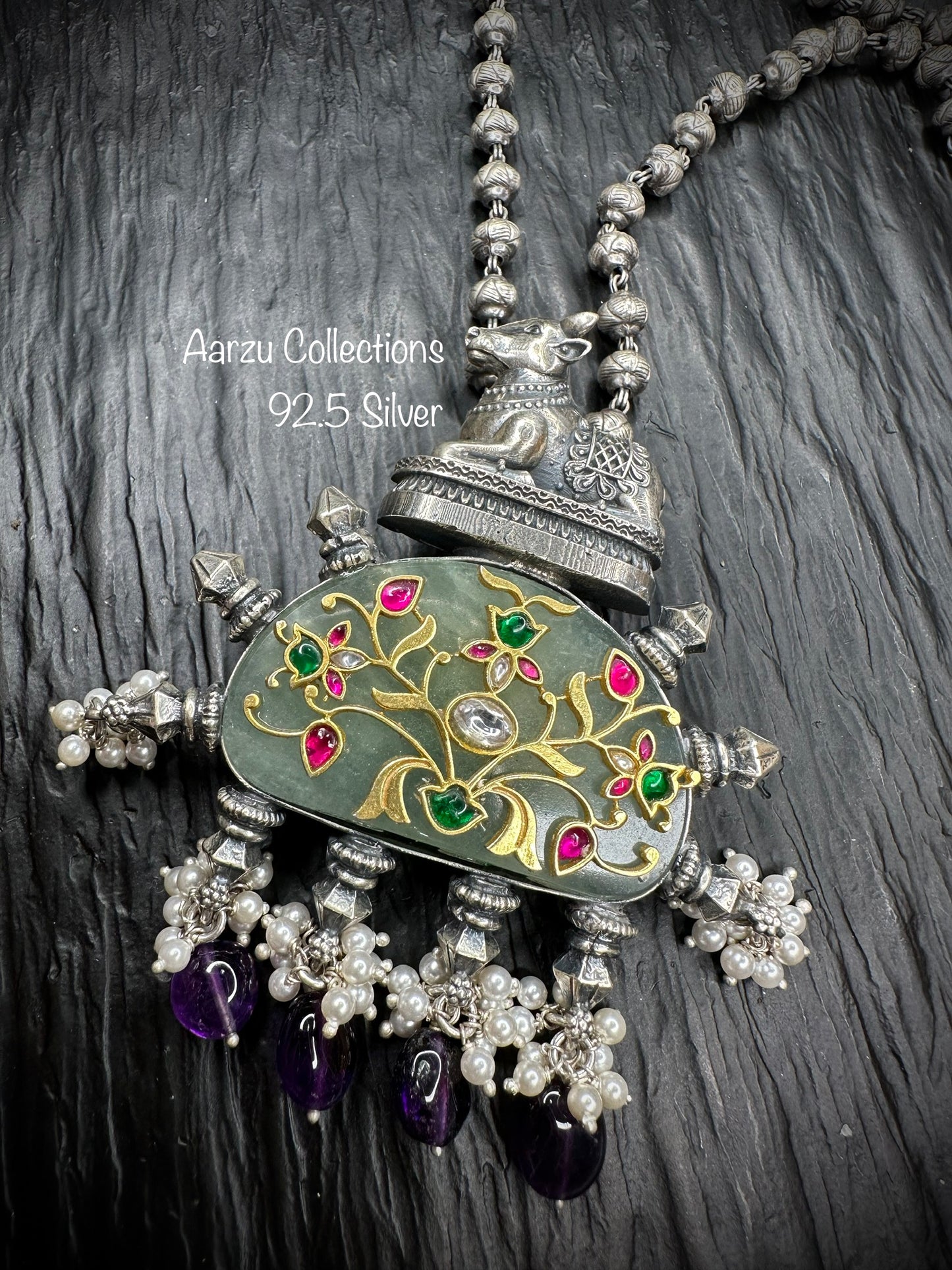 92.5 Silver precious stone inlay pendant with matarmala -100 gms